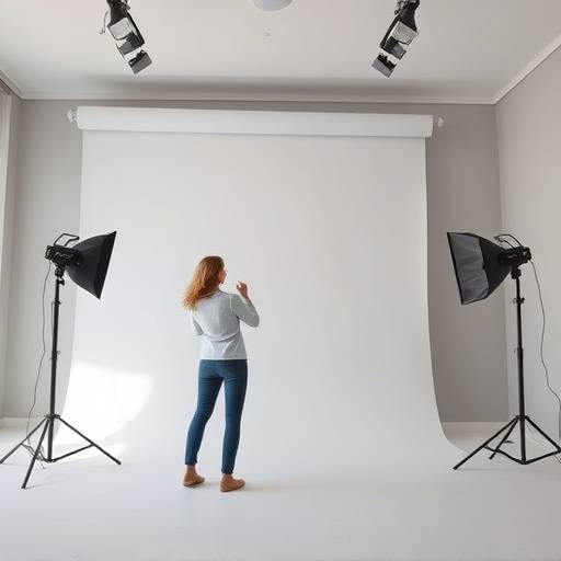 Int√©rieur du Studio Aurore avec un mod√®le posant devant un fond neutre et un √©clairage doux.