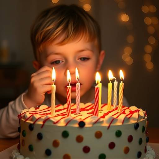 Photographie d'un anniversaire, avec un enfant soufflant ses bougies sur un gâteau décoré