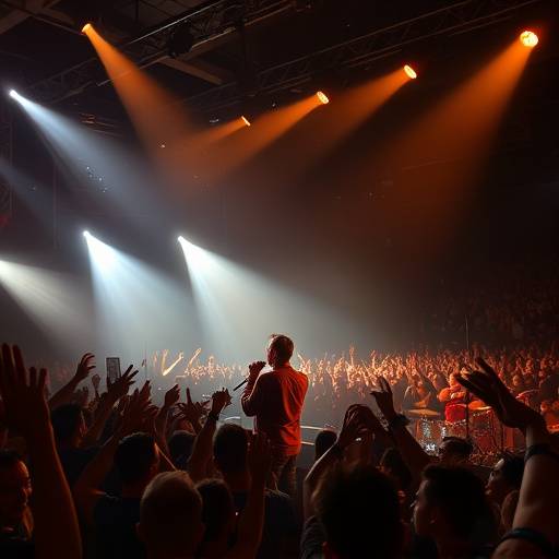 Photographie d'un concert, avec un artiste se produisant sur scène devant une foule enthousiaste