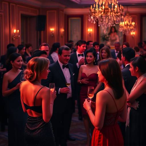 Photographie d'un gala, avec des invités élégamment vêtus profitant d'un cocktail