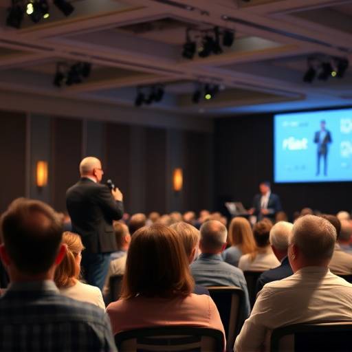 Photographie d'une conférence, avec un conférencier présentant une diapositive devant un public attentif