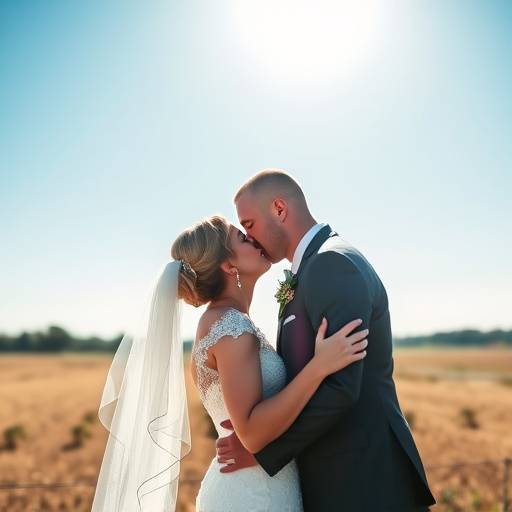 Photographie de mariage, couple marié échangeant un baiser sous un ciel bleu avec un champ en arrière-plan