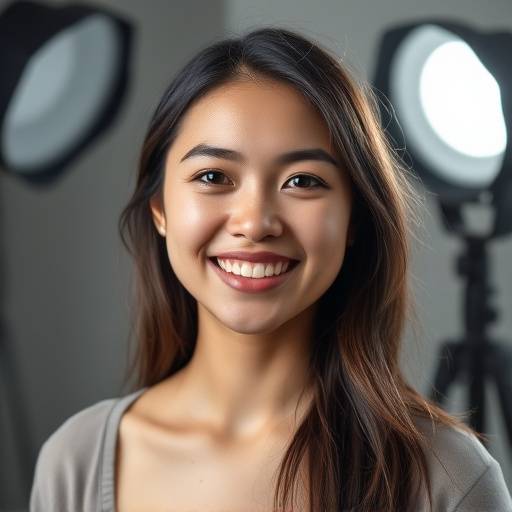 Photographie de portrait, jeune femme souriante en studio avec éclairage professionnel