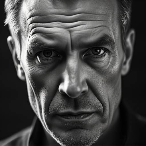 Portrait artistique en noir et blanc d'un homme mature, avec une expression intense
