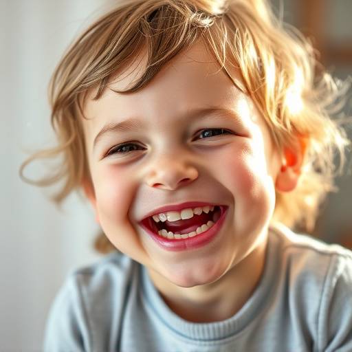 Portrait d'un enfant riant aux éclats, capturé dans un moment de spontanéité