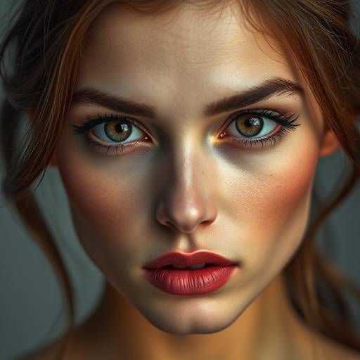 Portrait d'une jeune femme, maquillée professionnellement, regardant fixement l'objectif