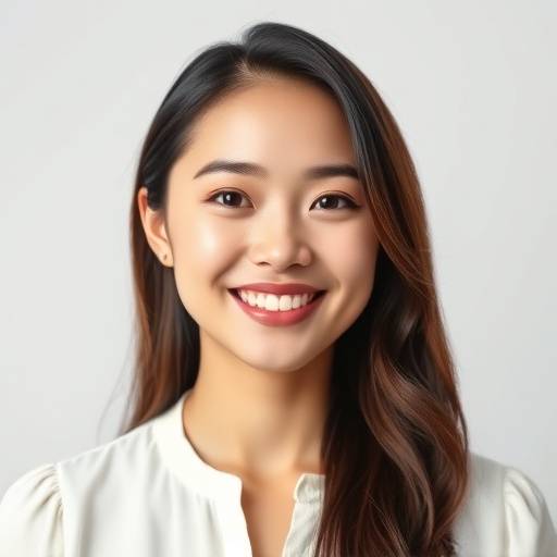 Portrait professionnel en studio d'une jeune femme souriante, vêtue d'un chemisier blanc