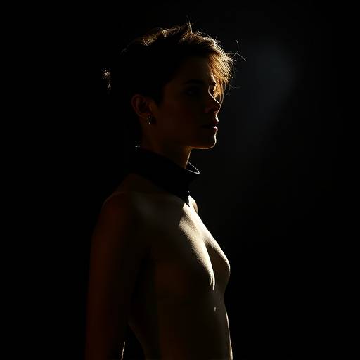 Studio Cr√©puscule avec fond noir, projecteurs et un mod√®le avec un √©clairage directionnel dramatique.
